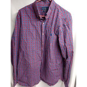 Ralph Lauren 100% Cotton Stretch‎ XL Long Sleeve Button Down Shirt Red Blue